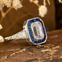 Emerald Cut CZ Stone Bezel Set Halo Victorian Ring