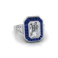 Emerald Cut CZ Stone Bezel Set Halo Victorian Ring