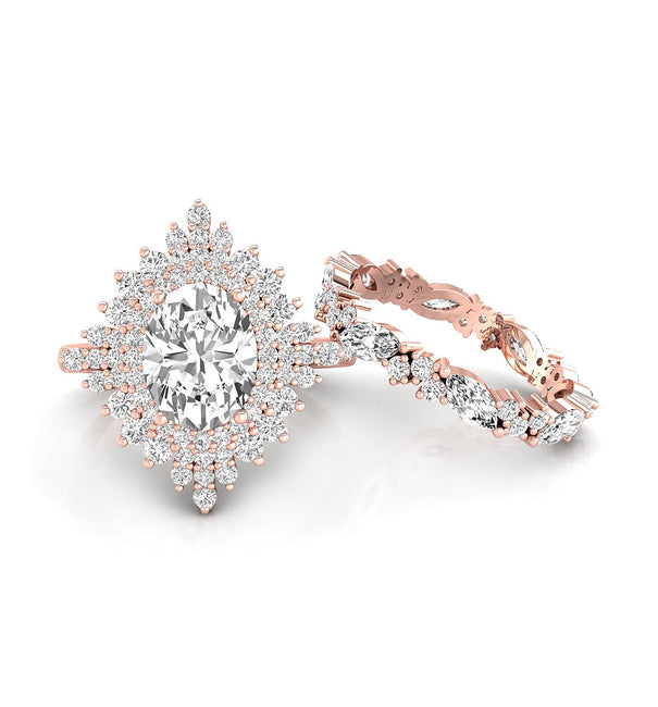 Oval-Marquise And Round Cut CZ Stone Starburst Halo Bridal Ring Set For Wedding