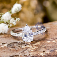 Pear With Round Cut Moissanite Delicate Solitaire Engagement Ring