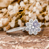 Floral Halo Round Moissanite Bridal Ring Set