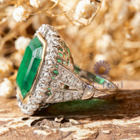 Green Emerald CZ Stone Bezel Set Halo Cocktail Ring