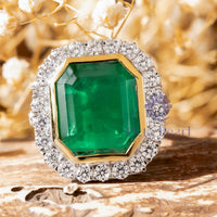 Green Emerald CZ Stone Bezel Set Halo Cocktail Ring