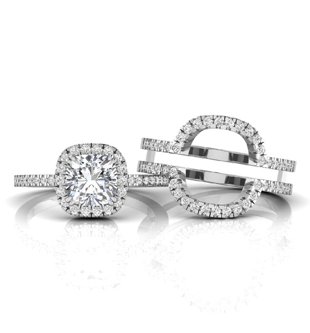 Cushion Moissanite Halo Enhancer Guard Bridal Ring Set