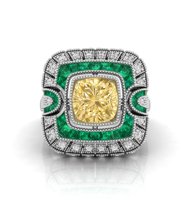 Yellow Cushion CZ Stone Milgrain Art Deco Ring