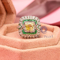 Yellow Cushion CZ Stone Milgrain Art Deco Ring