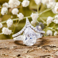 pear With Baguette Cut CZ Three Stone With Deep V Shape Wedding Bridal Ring Set