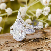 pear With Baguette Cut CZ Three Stone With Deep V Shape Wedding Bridal Ring Set