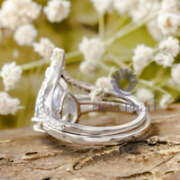 pear With Baguette Cut CZ Three Stone With Deep V Shape Wedding Bridal Ring Set