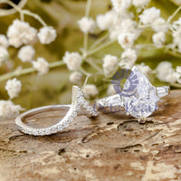 pear With Baguette Cut CZ Three Stone With Deep V Shape Wedding Bridal Ring Set