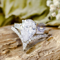 Pear With Baguette Cut CZ Three Stone With Deep V Shape Wedding Bridal Ring Set