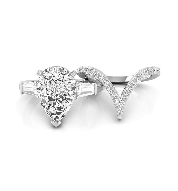 pear With Baguette Cut CZ Three Stone With Deep V Shape Wedding Bridal Ring Set