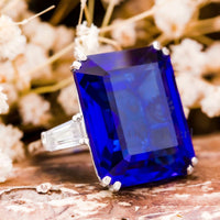 Blue Emerald Cut CZ Stone Past Present Future Ring