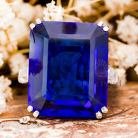 Blue Emerald Cut CZ Stone Past Present Future Ring