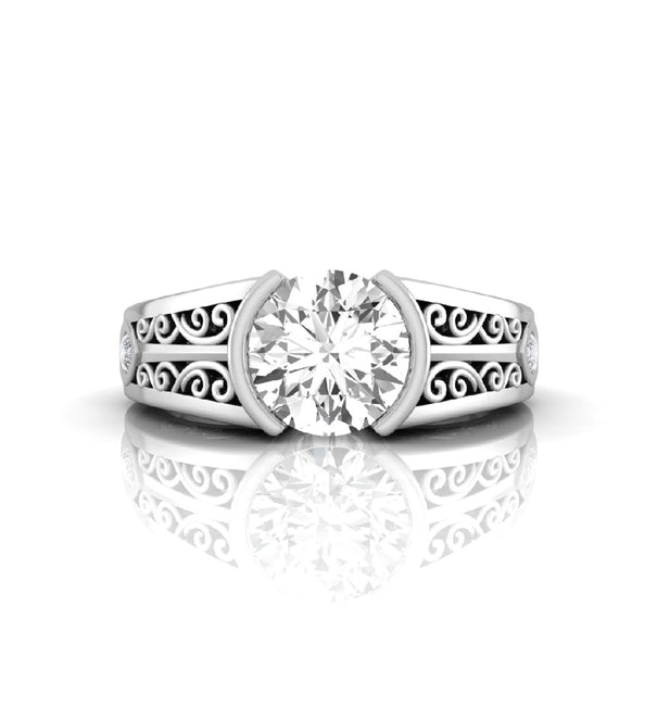 Round CZ Three Stone Half Bezel Set Filigree Ring