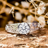 Round CZ Three Stone Half Bezel Set Filigree Ring