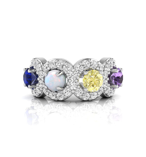 Opal & Round CZ Four Stone Halo Ring For Women