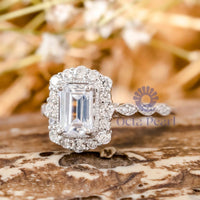 Emerald Cut Moissanite Milgrain Bezel Set Halo Ring