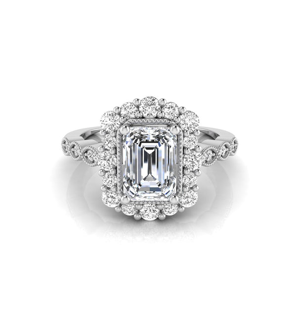 Emerald Cut Moissanite Milgrain Bezel Set Halo Ring