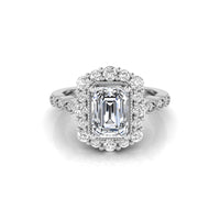Emerald Cut Moissanite Milgrain Bezel Set Halo Ring