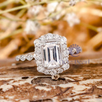 Emerald Cut Moissanite Milgrain Bezel Set Halo Ring