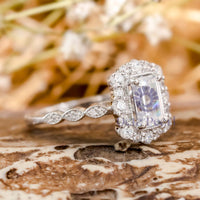 Emerald Cut Moissanite Milgrain Bezel Set Halo Ring