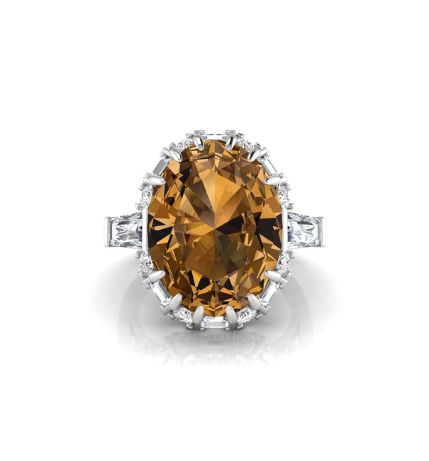 Brown Oval CZ Three Stone Halo Party Wear Ring