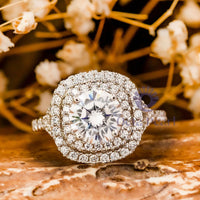 Round Moissanite Double Halo Split Shank Ring