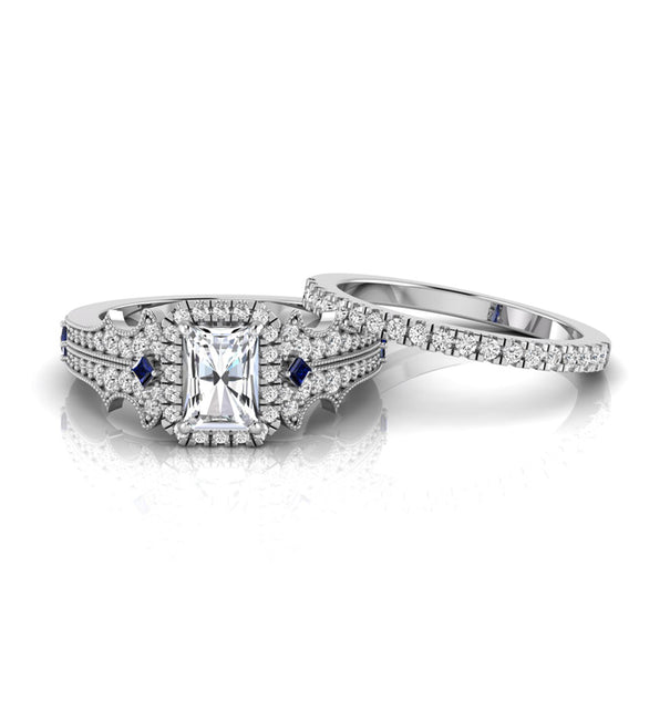 Radiant Stone Halo Milgrain Wedding Bridal Ring Set