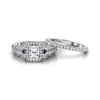 Radiant Stone Halo Milgrain Wedding Bridal Ring Set