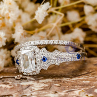 Radiant Stone Halo Milgrain Wedding Bridal Ring Set