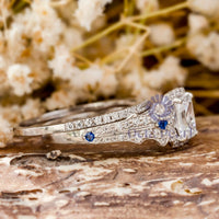 Radiant Stone Halo Milgrain Wedding Bridal Ring Set