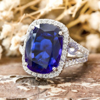 Blue Cushion CZ Stone Halo Split Shank Ring