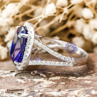 Blue Cushion CZ Stone Halo Split Shank Ring