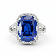 Blue Cushion CZ Stone Halo Split Shank Ring For Women