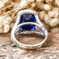 Blue Cushion CZ Stone Halo Split Shank Ring