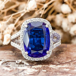 Blue Cushion CZ Stone Halo Split Shank Ring