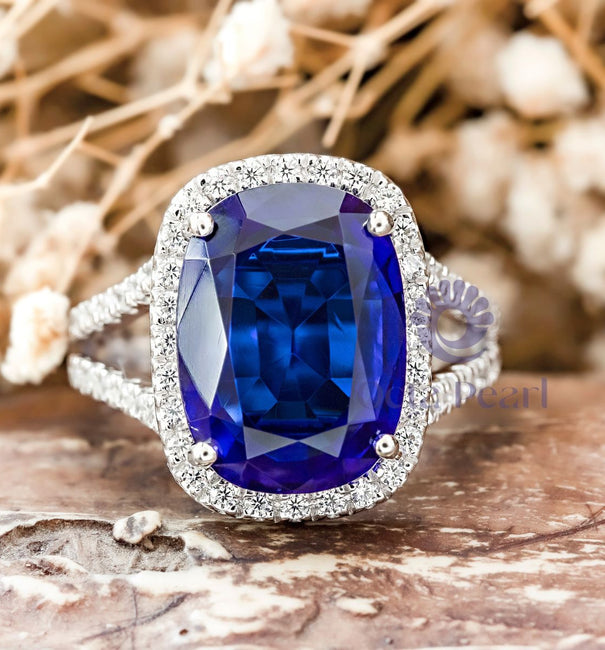 Blue Cushion CZ Stone Halo Split Shank Ring