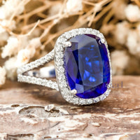 Blue Cushion CZ Stone Halo Split Shank Ring