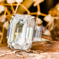 White Emerald Cut CZ Stone Past Present Future Ring