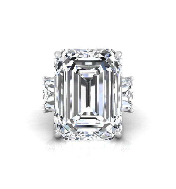 White Emerald Cut CZ Stone Past Present Future Ring