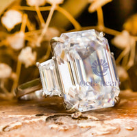 White Emerald Cut CZ Stone Past Present Future Ring