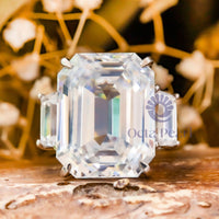 White Emerald Cut CZ Stone Past Present Future Ring