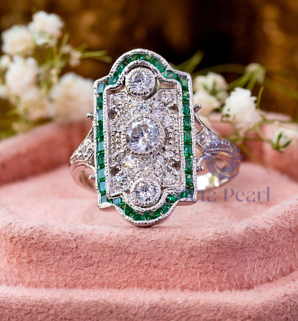 Milgrain Bezel Set Round CZ Three Stone Art Deco Ring