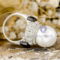 Pearl & Round Stone With Black MOP Floral Cocktail Ring