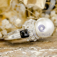 Pearl & Round Stone With Black MOP Floral Cocktail Ring