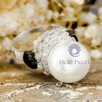 Pearl & Round Stone With Black MOP Floral Cocktail Ring