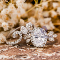 Oval Cut CZ Stone Halo Vine Floral Bridal Ring Set