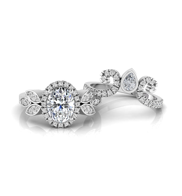 Oval Cut CZ Stone Halo Vine Floral Bridal Ring Set