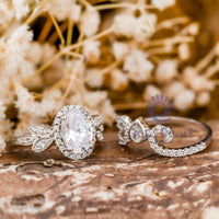 Oval Cut CZ Stone Halo Vine Floral Bridal Ring Set